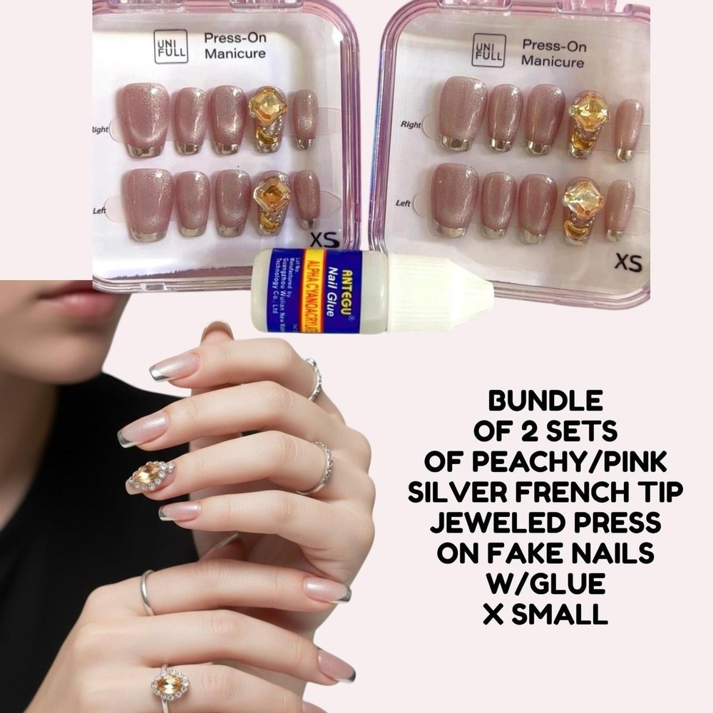 BUNDLE OF 2 SETS OF PEACHY CHAMPAGNE SILVER FRENCH TIP FAKE NAILS XS